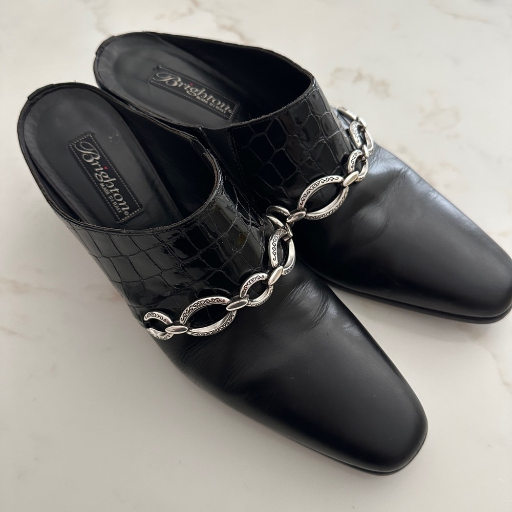Brighton Twiggy Black Leather Mules with Chain Detail